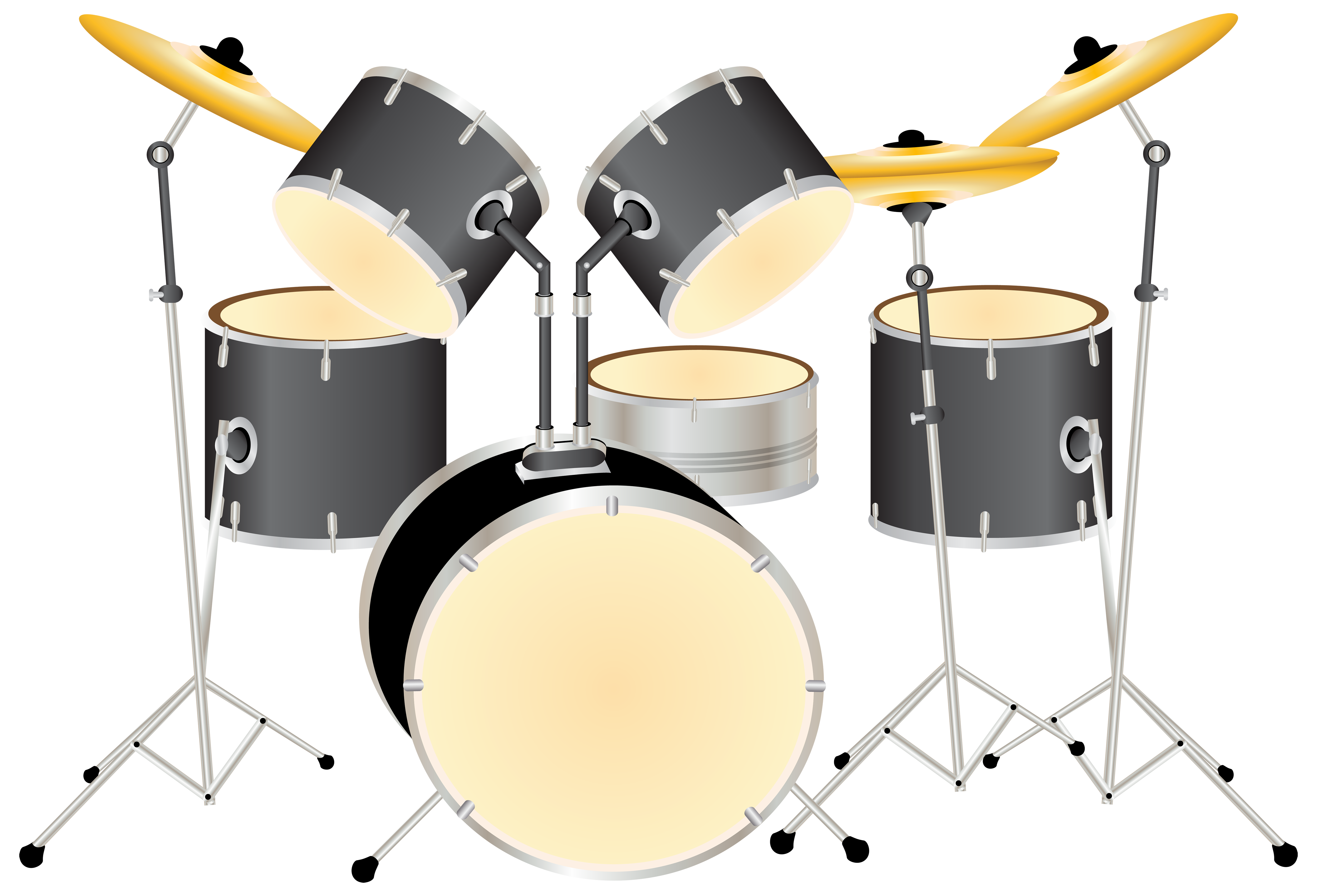 Professional black drum kit with gold cymbals, silver hardware, and cream drumheads in a studio setup.
