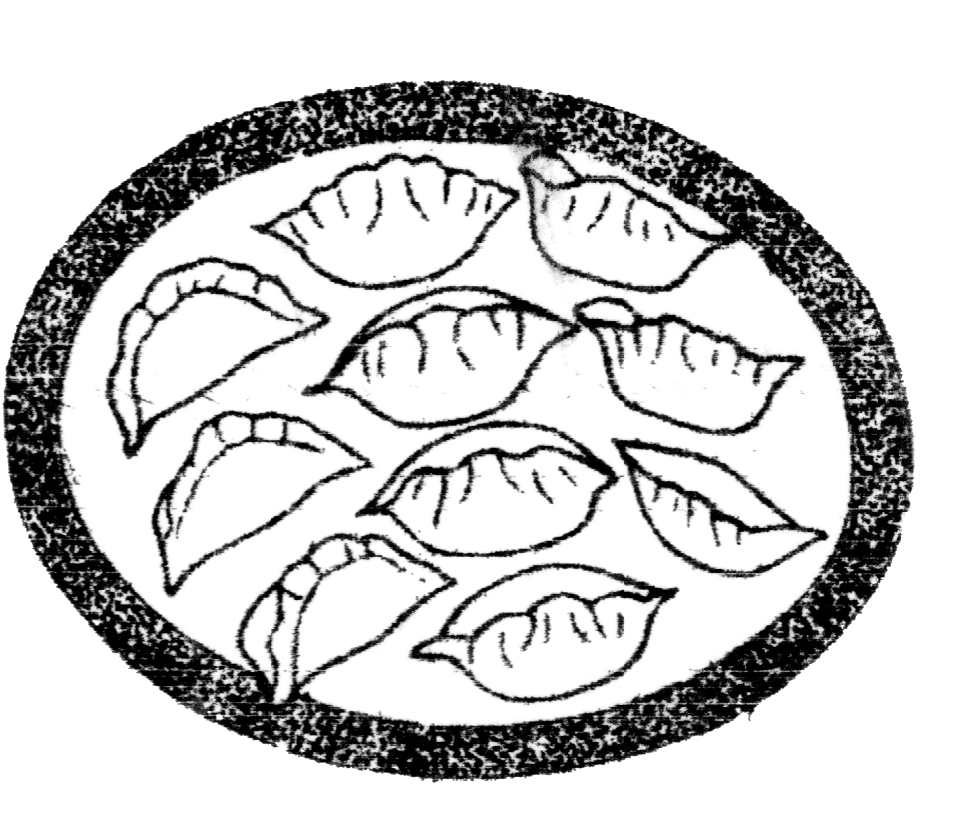 Black-and-white line drawing of dumplings arranged in a circular bowl with textured rim.