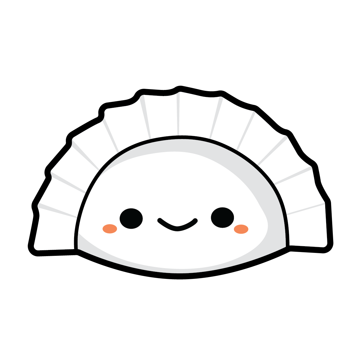 Cute kawaii-style dumpling with smiling face, rosy cheeks, and pleated edges.
