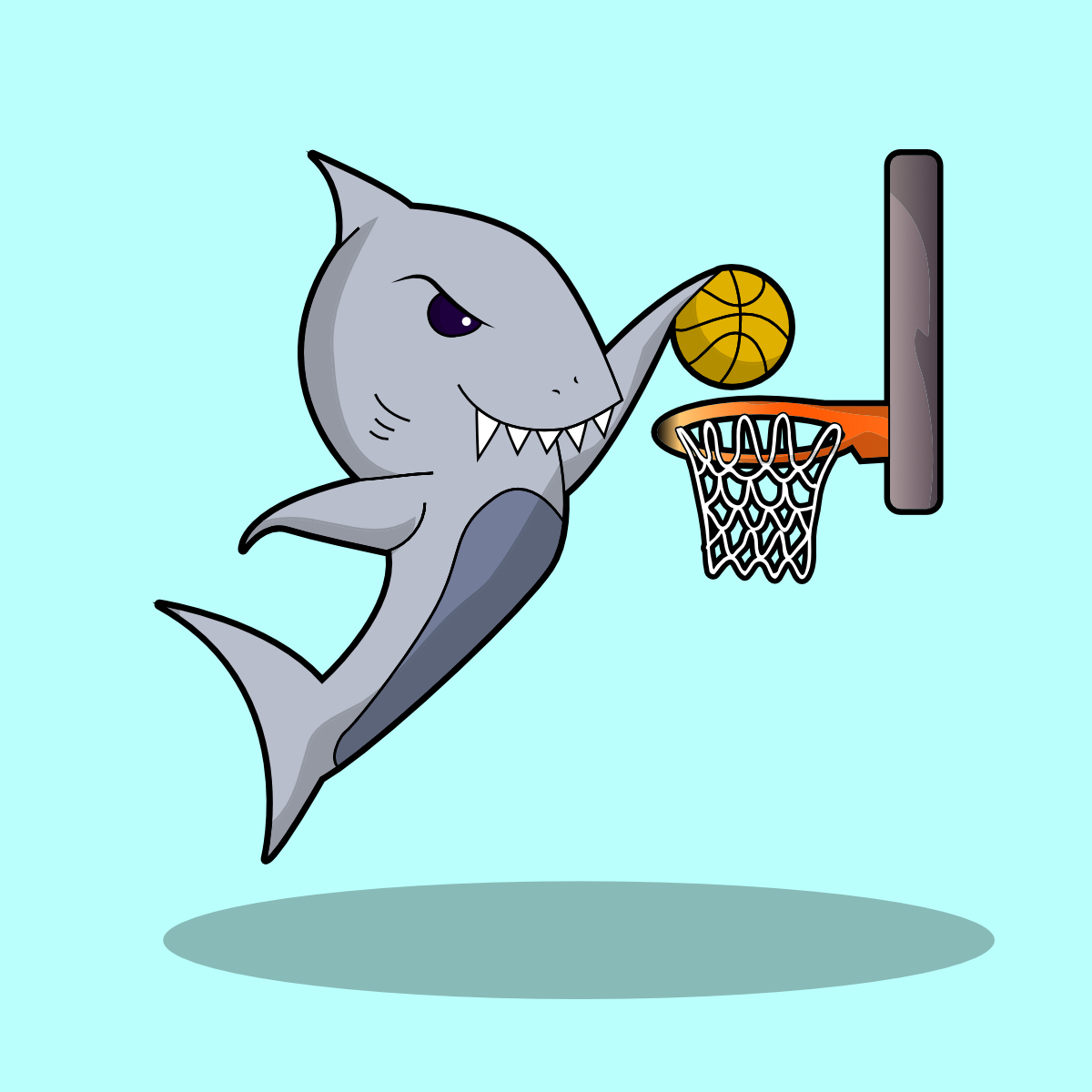 A cartoon shark dunking a basketball into a hoop with a confident grin.