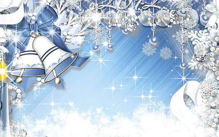 Blue and silver Christmas bells, snowflakes, ribbons, and sparkling ornaments on a frosty light-blue background.