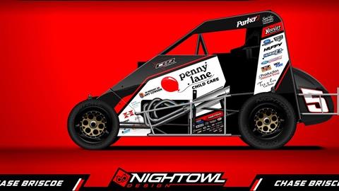Black and white #5 sprint car with "Penny Jane Child Care" livery, red background, Night Owl Design branding.