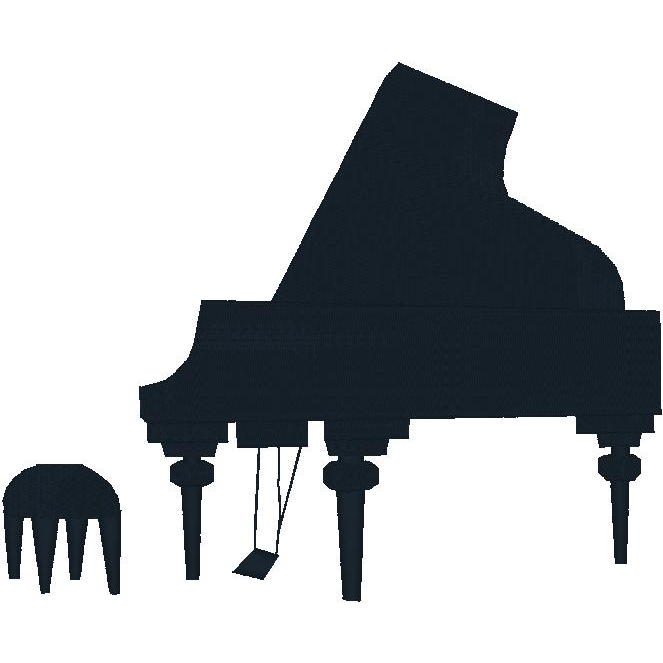 Black silhouette of a grand piano with three pedals and matching stool on white background.