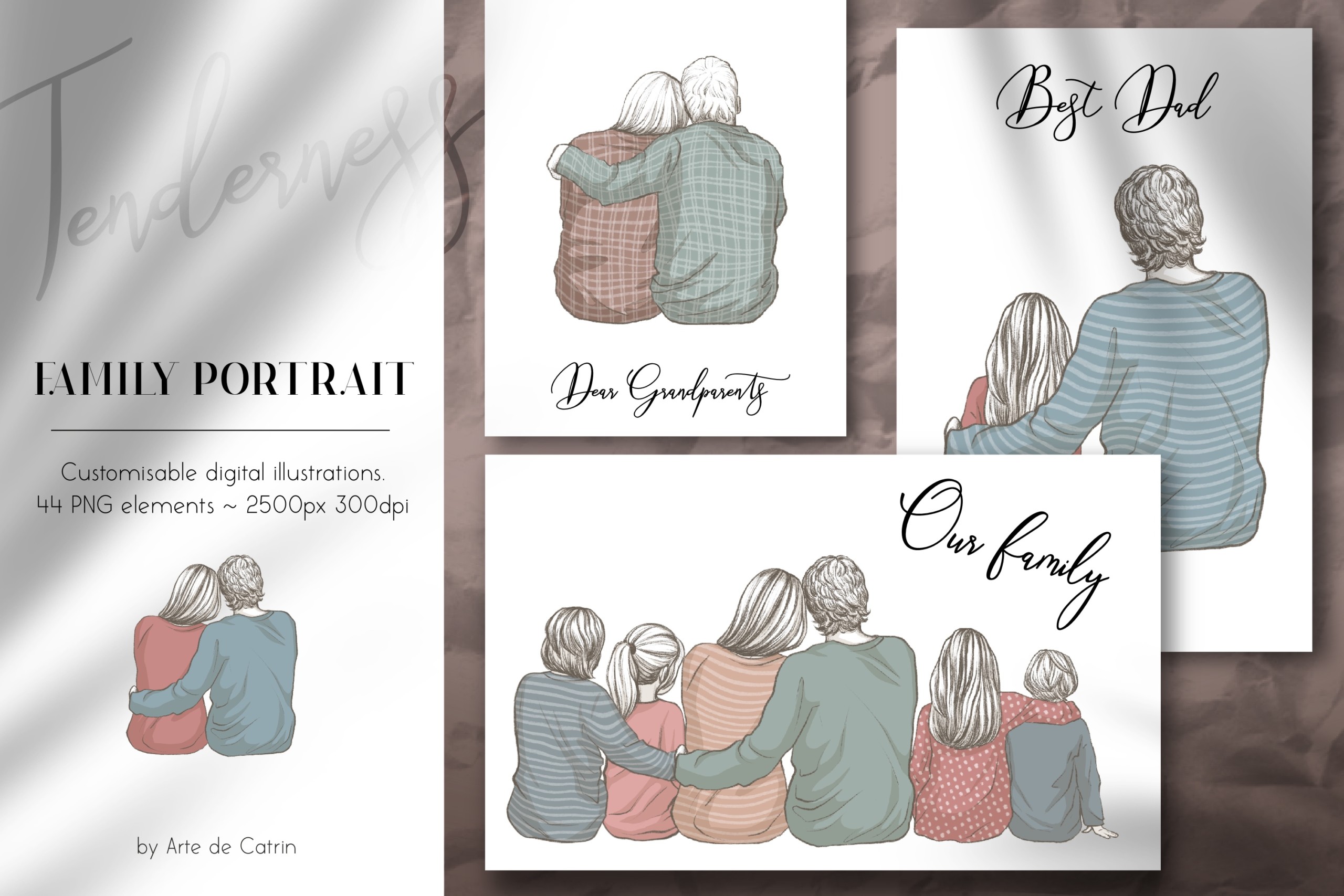 Customizable family portrait digital illustrations showing back views of loved ones embracing, with text like "Our Family" and "Best Dad".