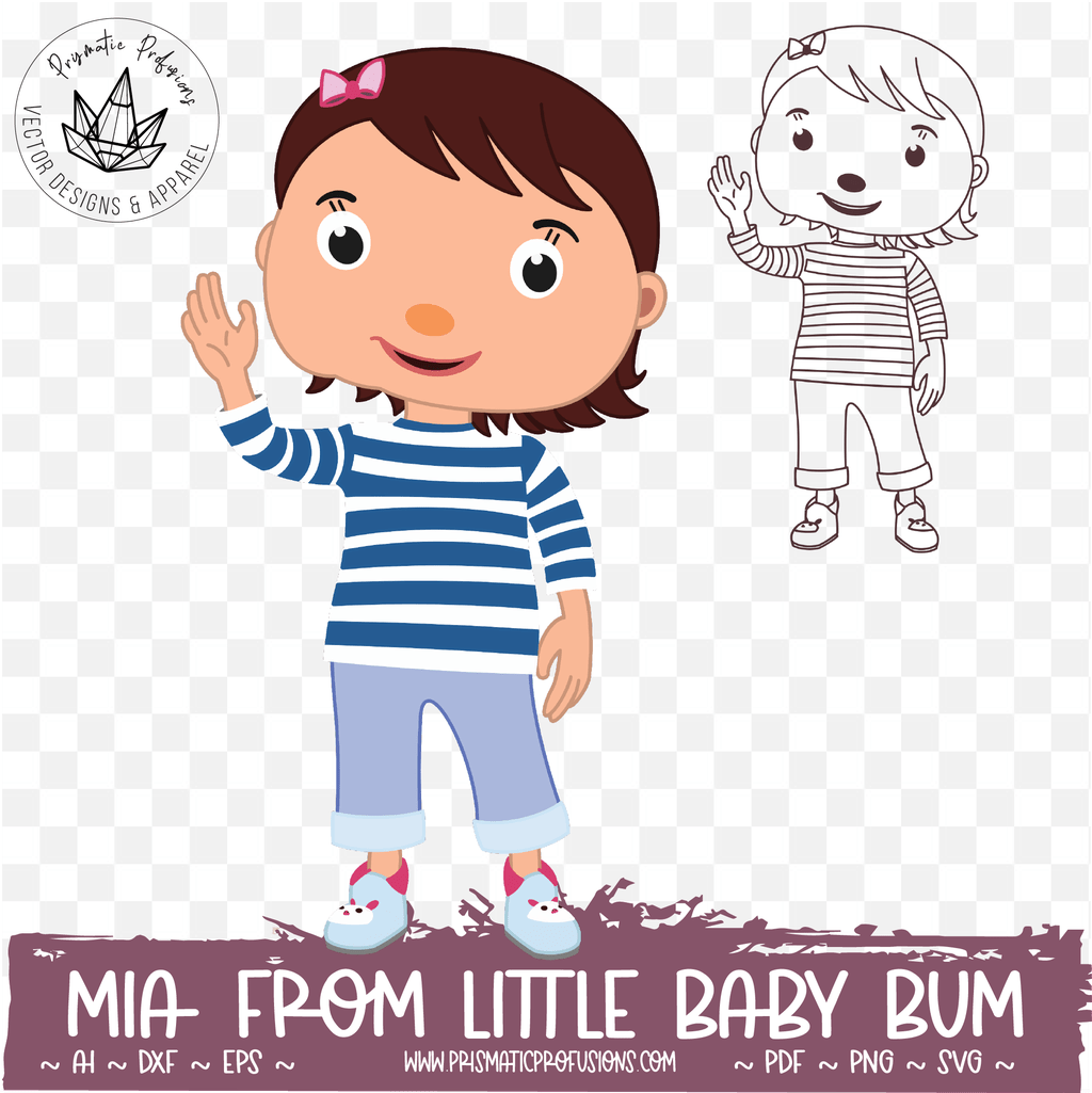 Mia from Little Baby Bum, a cheerful cartoon girl waving, wearing striped shirt and light pants, with line-art version beside.