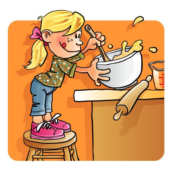 A cheerful blonde girl in pink sneakers stands on a stool, mixing batter in a bowl with a wooden spoon while baking.