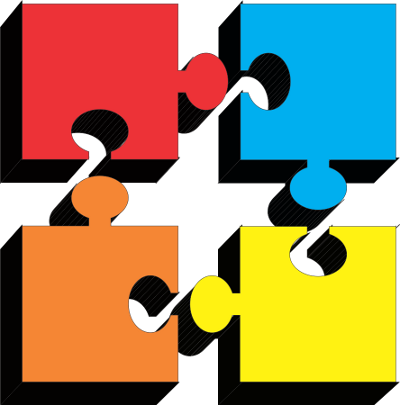 Four interlocking puzzle pieces in red, blue, orange, and yellow forming a complete square.