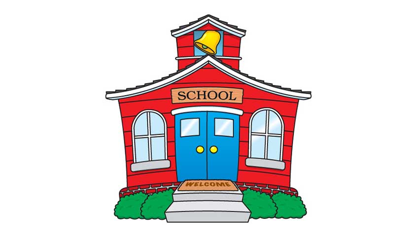 Red schoolhouse with blue doors, bell tower, and "WELCOME" mat.