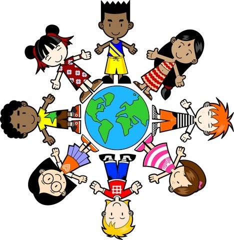 Diverse group of children from around the world holding hands in a circle around a globe.