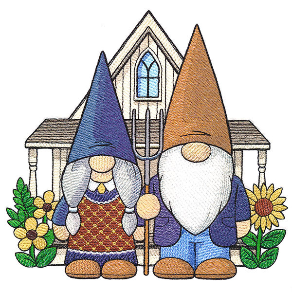 Two embroidered garden gnomes-a woman in a purple hat and apron, and a man with a brown hat and pitchfork-stand before a cottage with sunflowers.