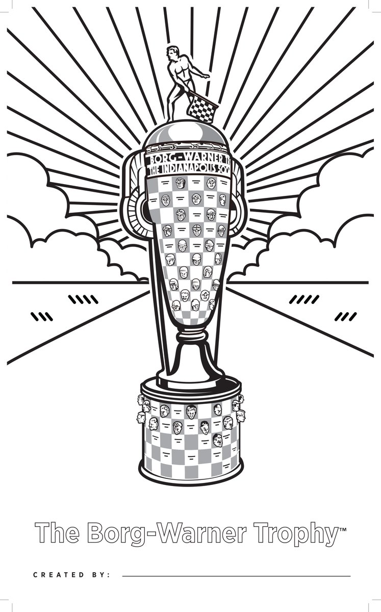 Illustrated Borg-Warner Trophy with checkered pattern, driver figure, and radiating sunburst background.