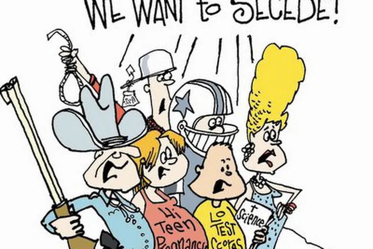 Satirical cartoon of diverse group shouting "WE WANT TO SECEDE!" with exaggerated stereotypes and props like rifles, cowboy hats, and protest signs.