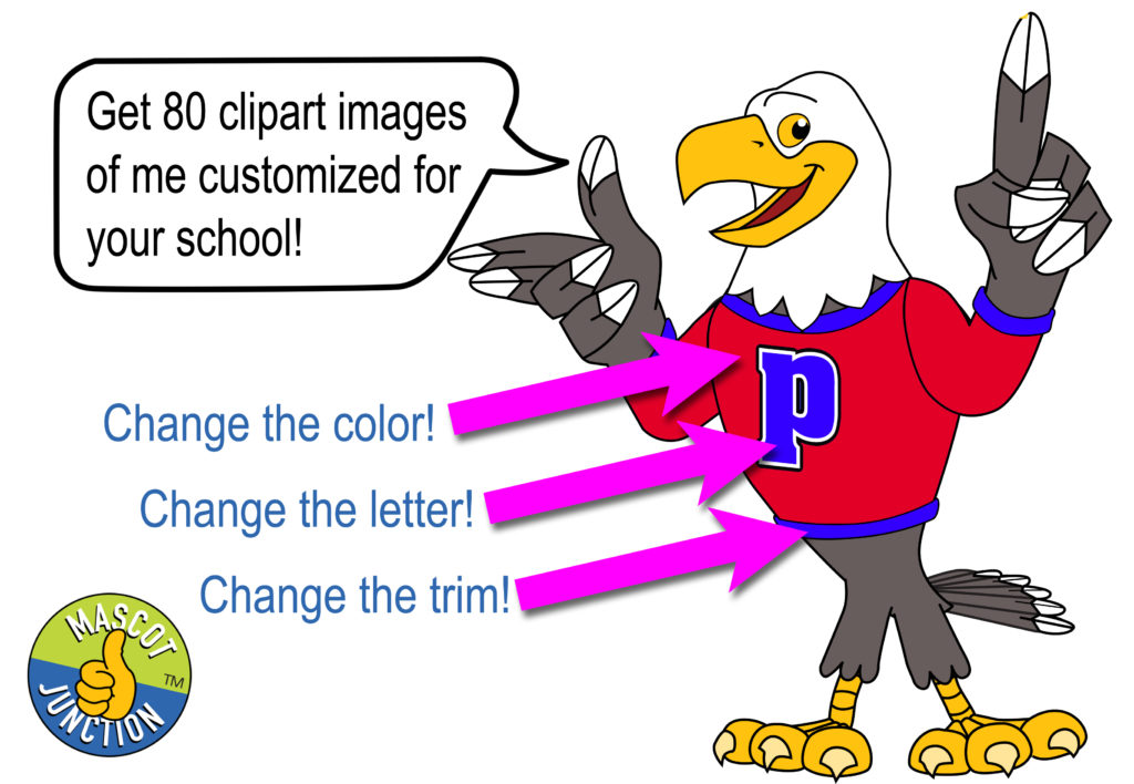 Customizable eagle mascot in red shirt with letter 'P', offering 80 clipart images for schools; color, letter, and trim options shown.
