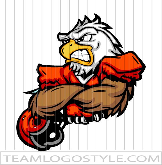 Angry eagle mascot in orange jacket riding a motorcycle, arms crossed, fierce expression.