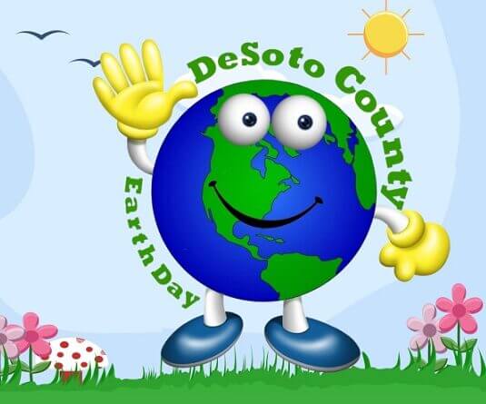Smiling cartoon Earth character waving with "DeSoto County Earth Day" text, flowers, sun, and birds in background.