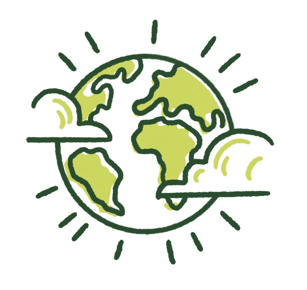 Hand-drawn Earth with green continents, sun rays, and clouds, symbolizing environmental care and sustainability.