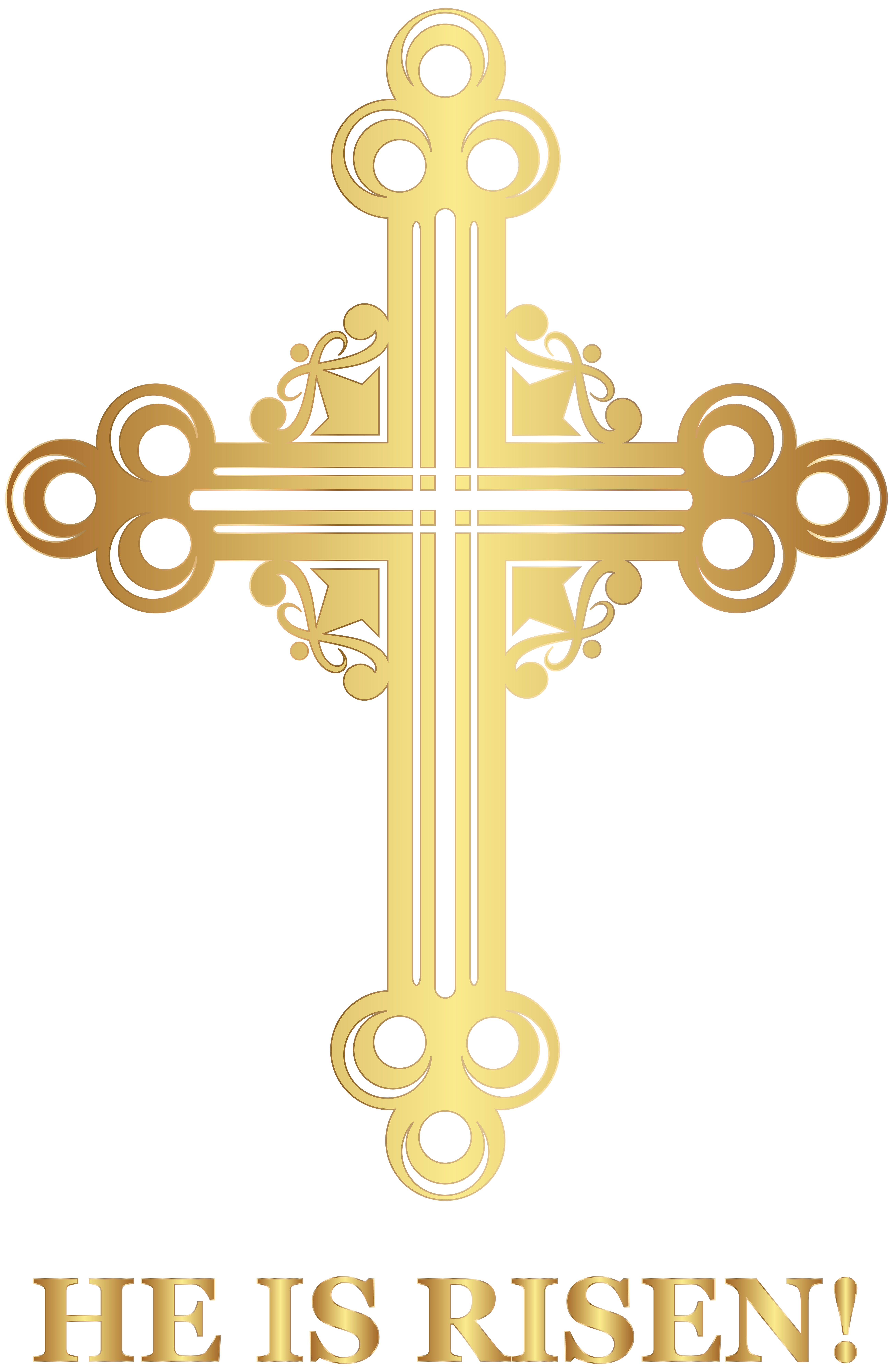 Golden ornate Christian cross with decorative swirls and "HE IS RISEN!" text below.