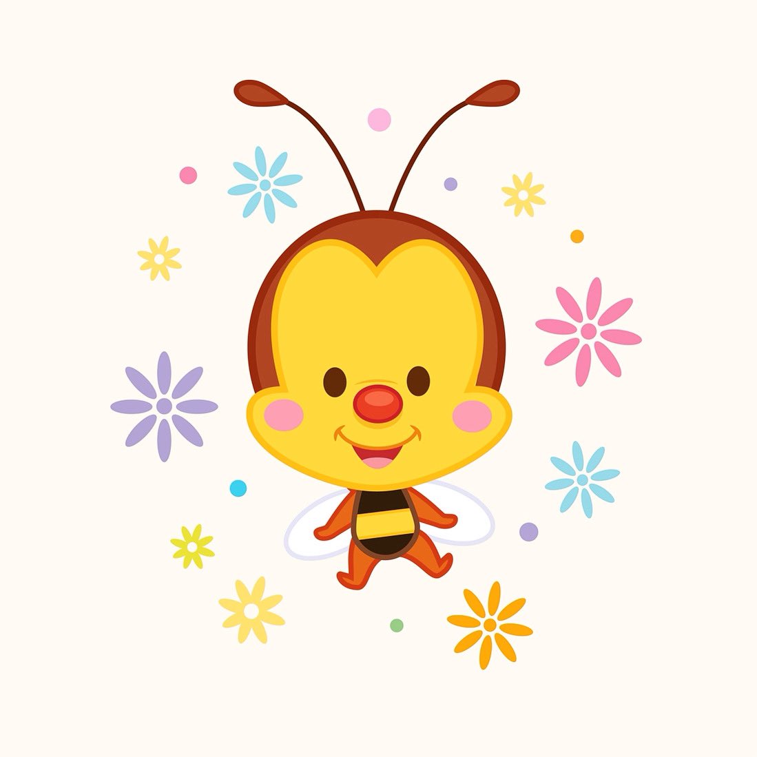 Cute cartoon bee with smiling face, wings, and colorful flowers floating around.