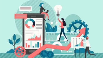 Illustration of digital analytics, teamwork, and growth with charts, gears, lightbulbs, and upward trend arrow.