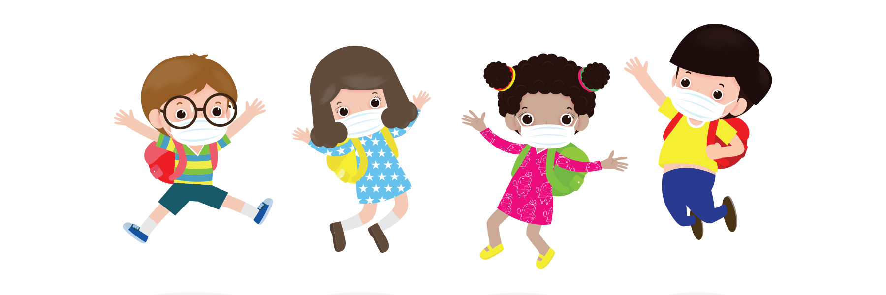 Four diverse, joyful children wearing face masks and backpacks jump in celebration, symbolizing safe return to school.