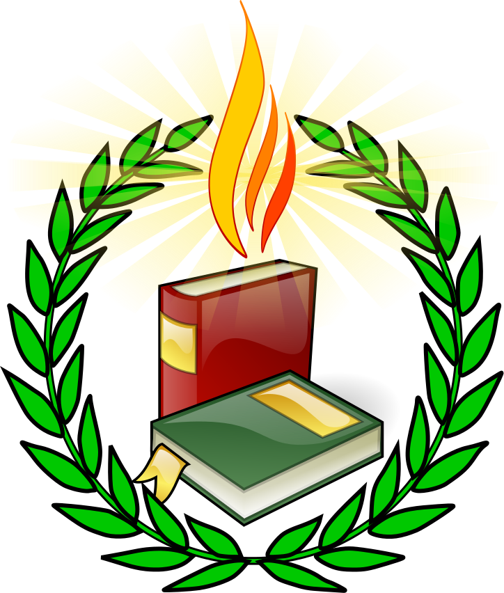 Two books (red and green) beneath a flame, encircled by a laurel wreath with radiant light-symbolizing knowledge, wisdom, and enlightenment.