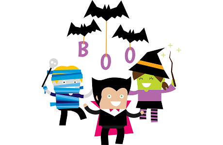 Three cartoon kids in Halloween costumes-mummy, vampire, and witch-with bats and "BOO" letters above.