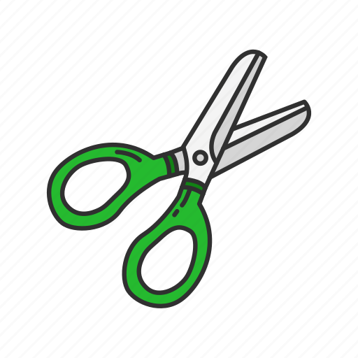 Green-handled scissors with silver blades on a black diagonal striped background.
