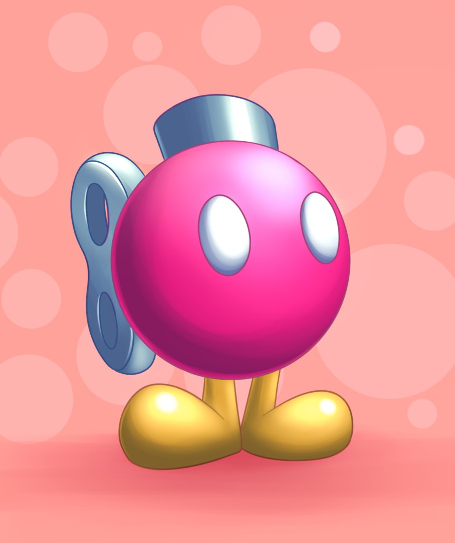A pink spherical robot with large white eyes, a silver wind-up key, and golden feet against a soft pink bokeh background.