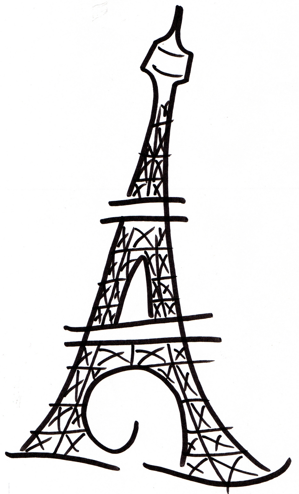 Hand-drawn black-and-white sketch of the Eiffel Tower with crisscross latticework and stylized base arches.