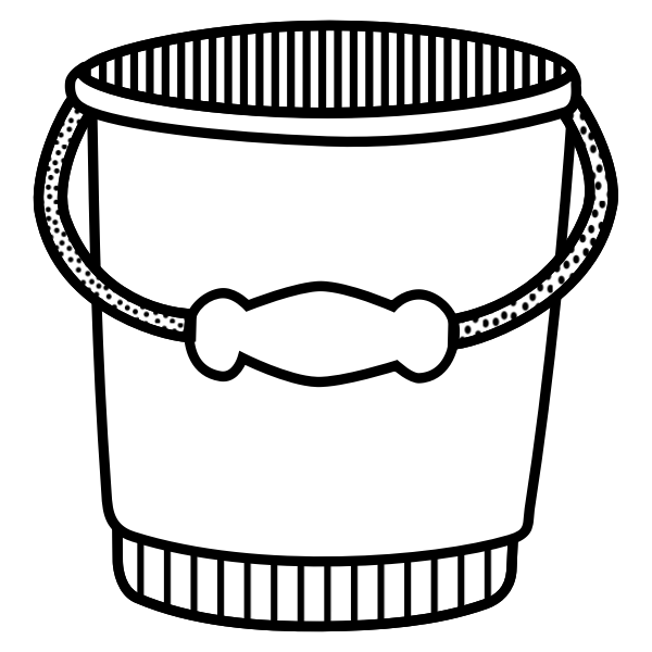 Black-and-white line drawing of a classic bucket with a dotted handle and ribbed rim and base.