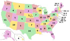 Color-coded U.S. map showing state-by-state electoral vote counts for a presidential election.