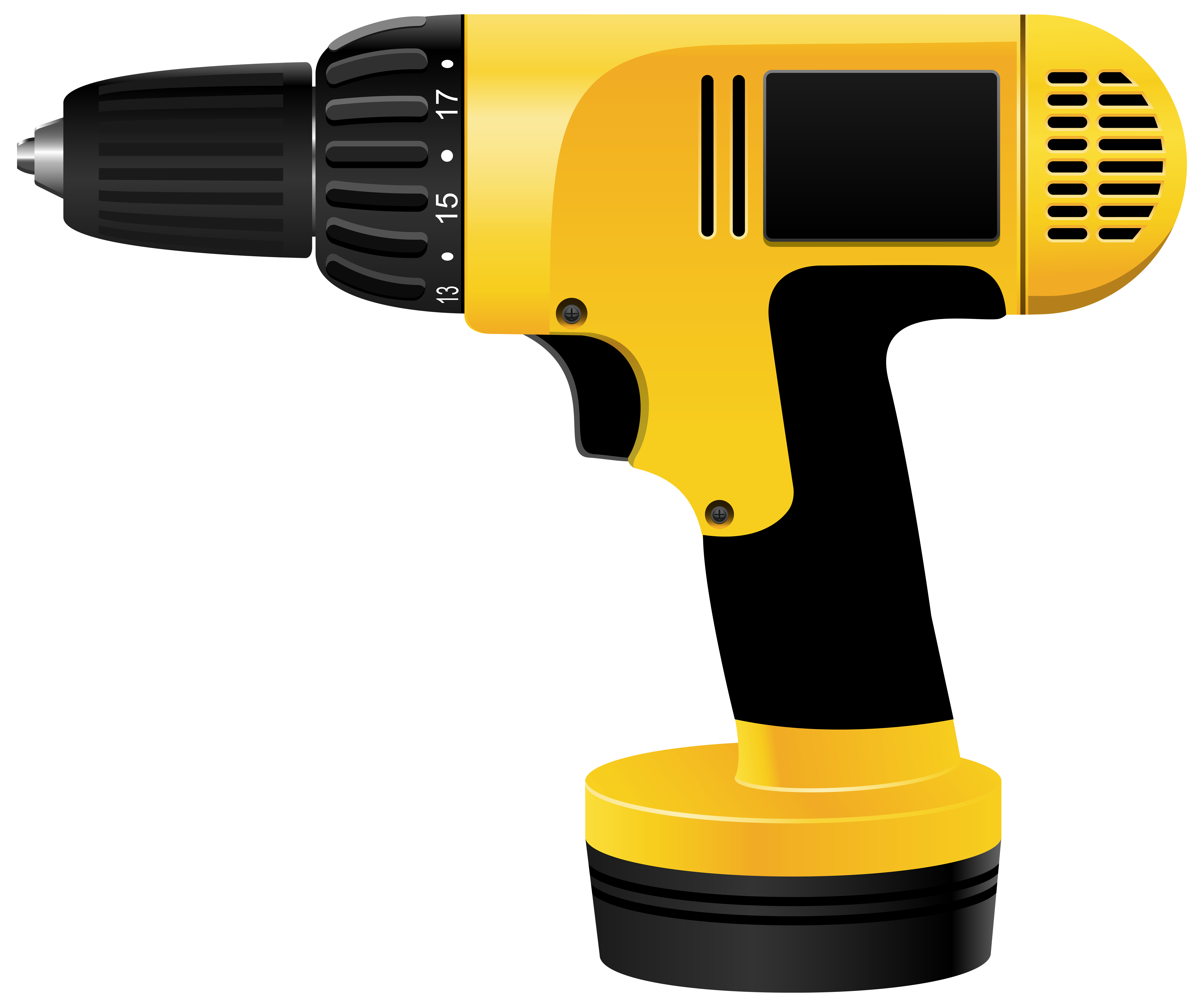 Yellow and black cordless power drill with torque settings and battery pack shown separately.