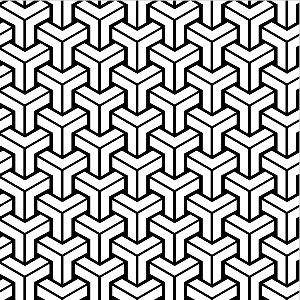 Black and white optical illusion pattern of interlocking 3D Y-shaped blocks forming a tessellated geometric design.