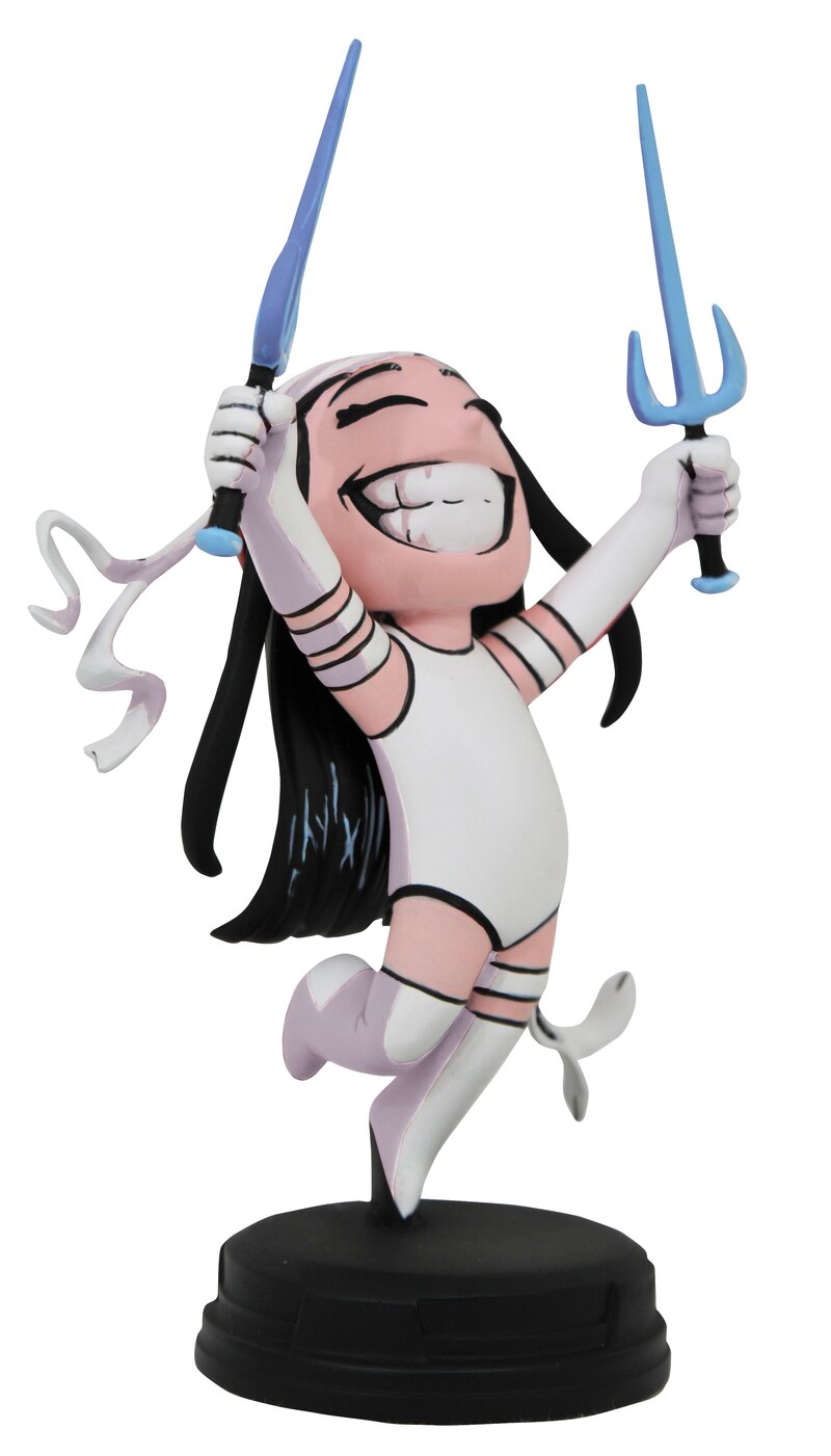 Chibi-style female warrior figurine with black hair, white suit, and two blue sais, leaping joyfully on a black base.