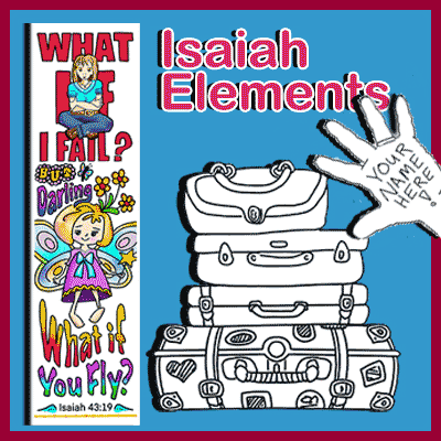 Isaiah Elements kids' Bible activity page with suitcases, fairy, and handprint for personalization.
