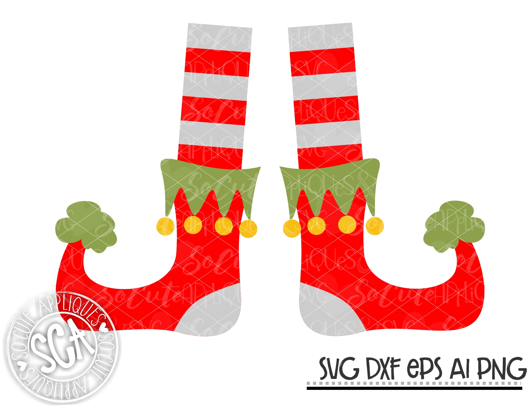 Pair of festive red elf boots with green trim, gold bells, and striped socks-SVG cut file for holiday crafts.