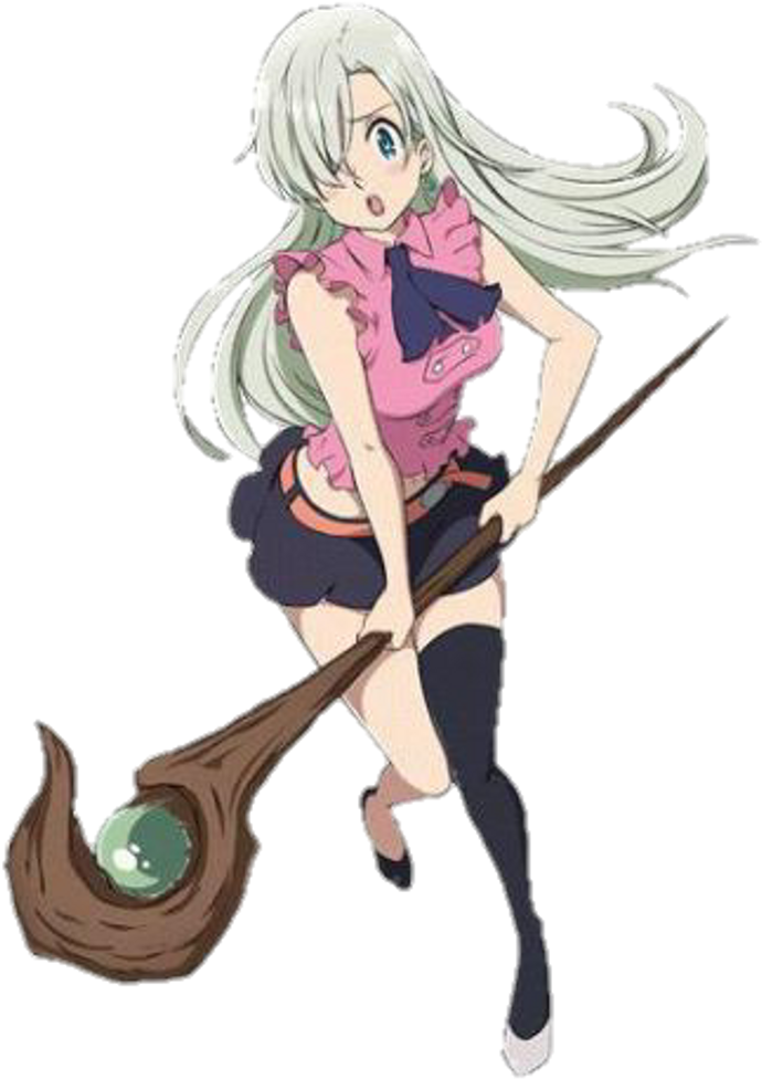 Silver-haired anime mage in pink top and black shorts wielding a staff with green crystal orb.