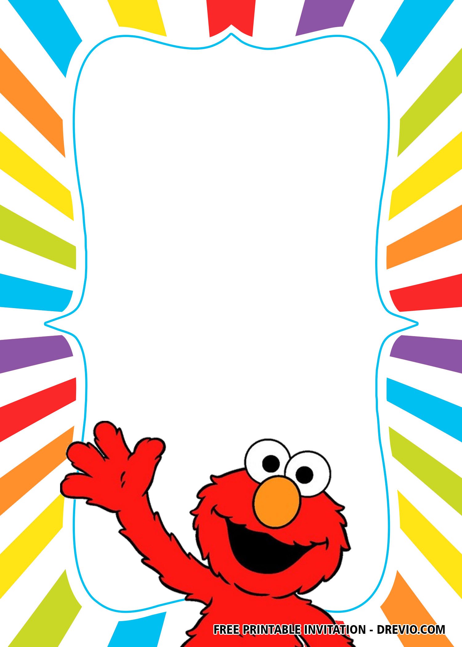 Elmo waving from bottom of colorful rainbow-striped invitation template with blank center for text.