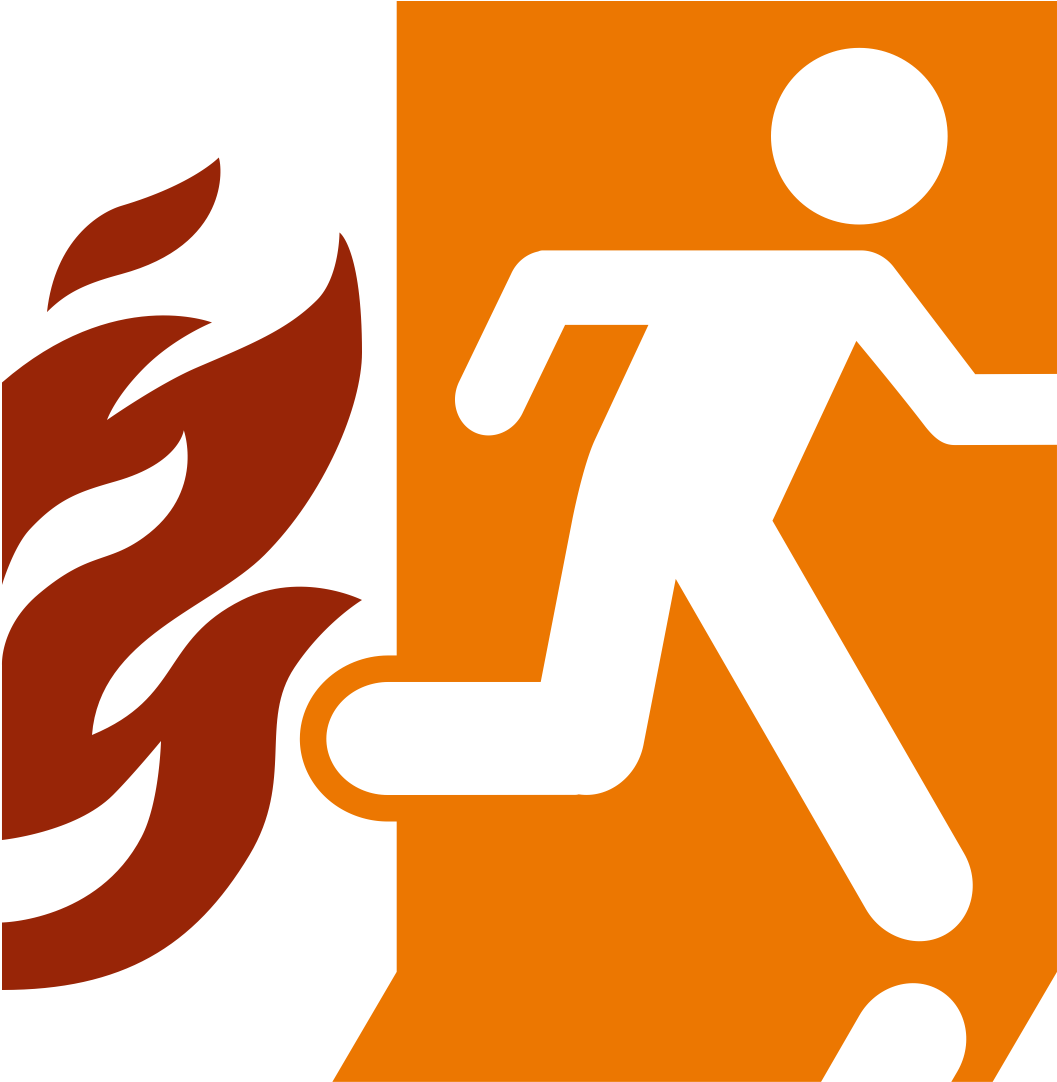 Black stick figure running away from red flames on orange and black background-fire evacuation symbol.