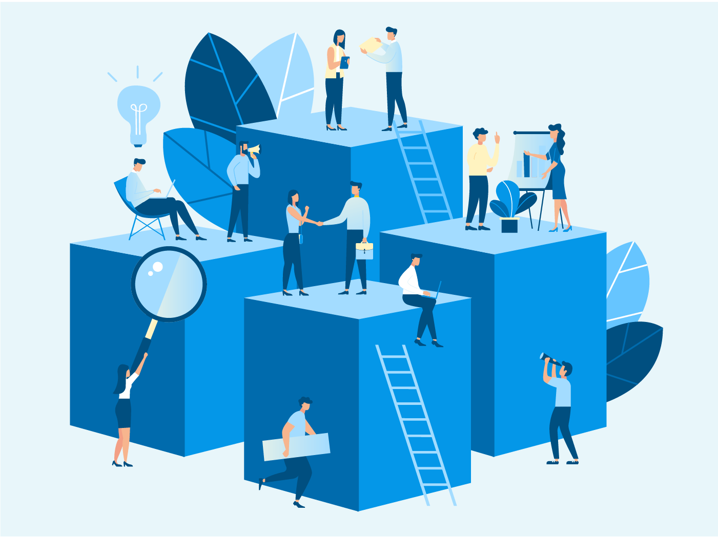 Illustrated team collaborating across elevated blue cubes with ladders, magnifying glass, lightbulb, and presentation tools.
