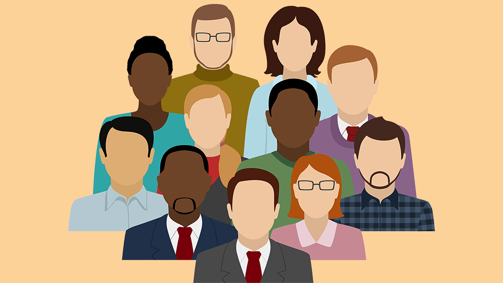 Diverse group of ten illustrated people in professional and casual attire, representing inclusivity and teamwork.