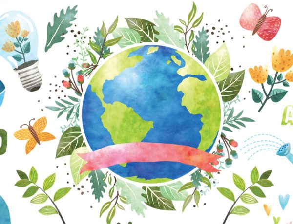Watercolor Earth globe surrounded by green leaves, flowers, butterflies, a lightbulb with a plant, and a pink ribbon banner.