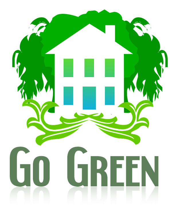 White house surrounded by green foliage with "Go Green" text below, symbolizing eco-friendly living and sustainability.