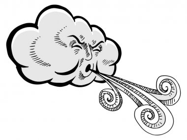 A cartoon cloud with a scowling face blowing strong gusts of wind from its mouth, illustrated in black and white line art.