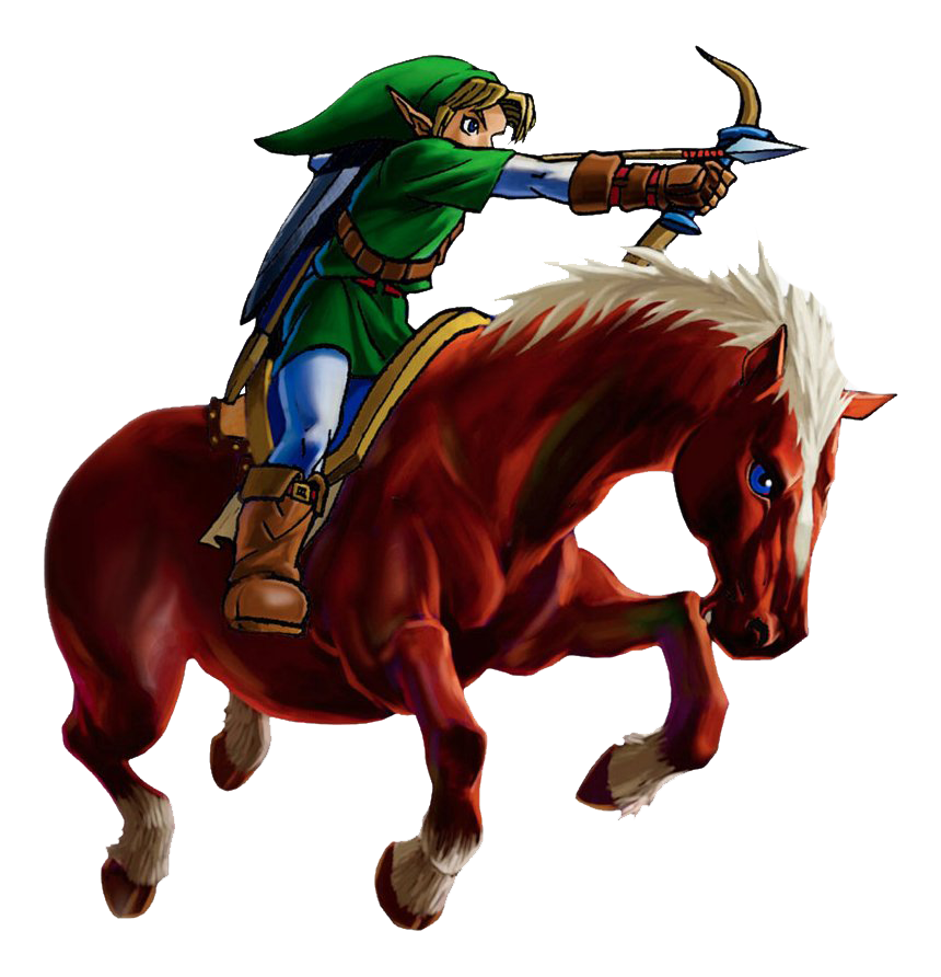 Link from The Legend of Zelda riding Epona, aiming a bow with focused expression.
