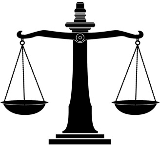 Black silhouette of a balanced justice scale with two equal pans, symbolizing fairness and legal equity.