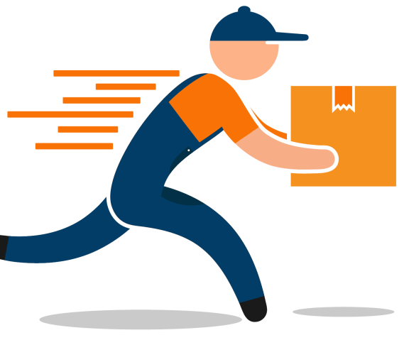 Delivery person in blue overalls and cap sprinting while carrying an orange package, with motion lines indicating speed.