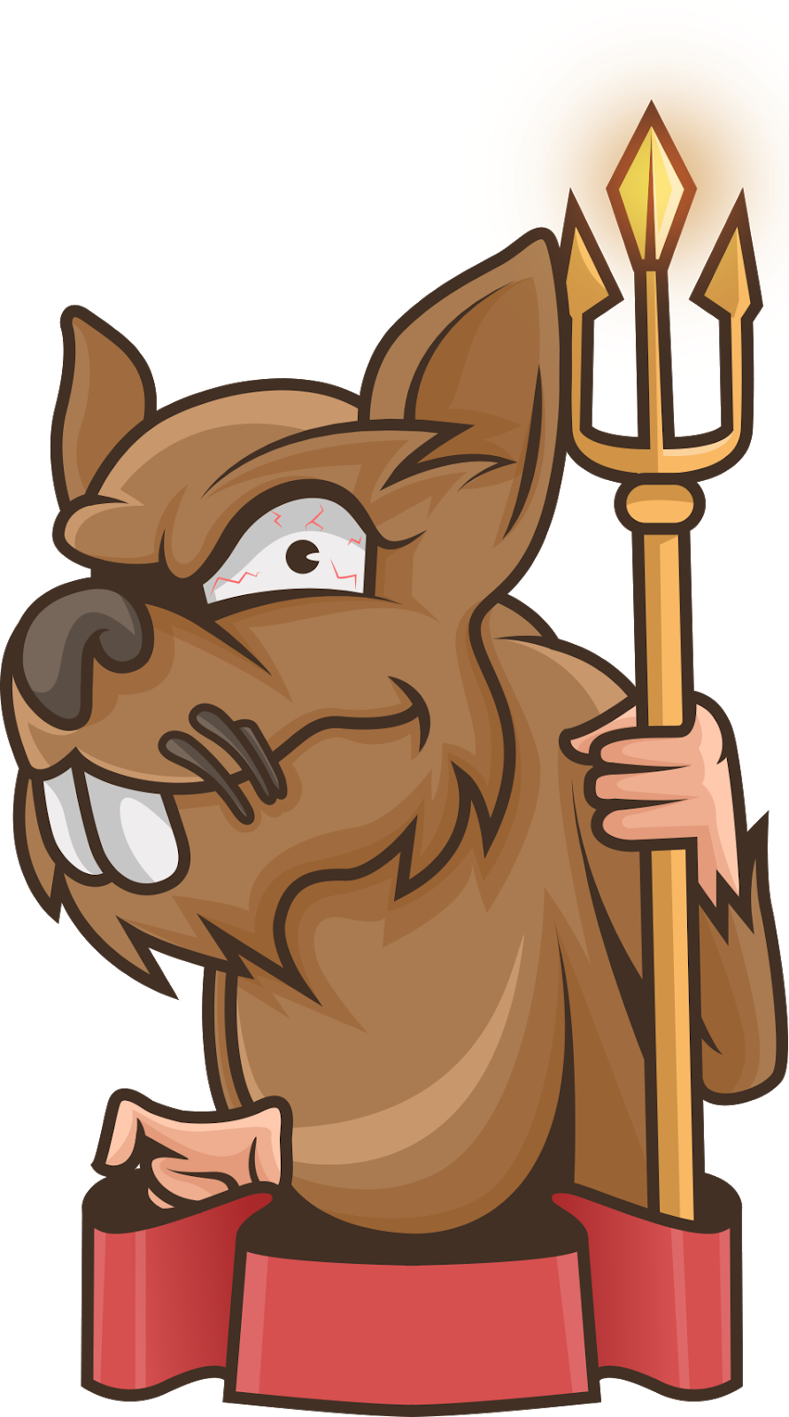 Cartoon raccoon god holding a golden trident, wearing red robes, with a cracked eye and mischievous grin, against a radiant sun backdrop.