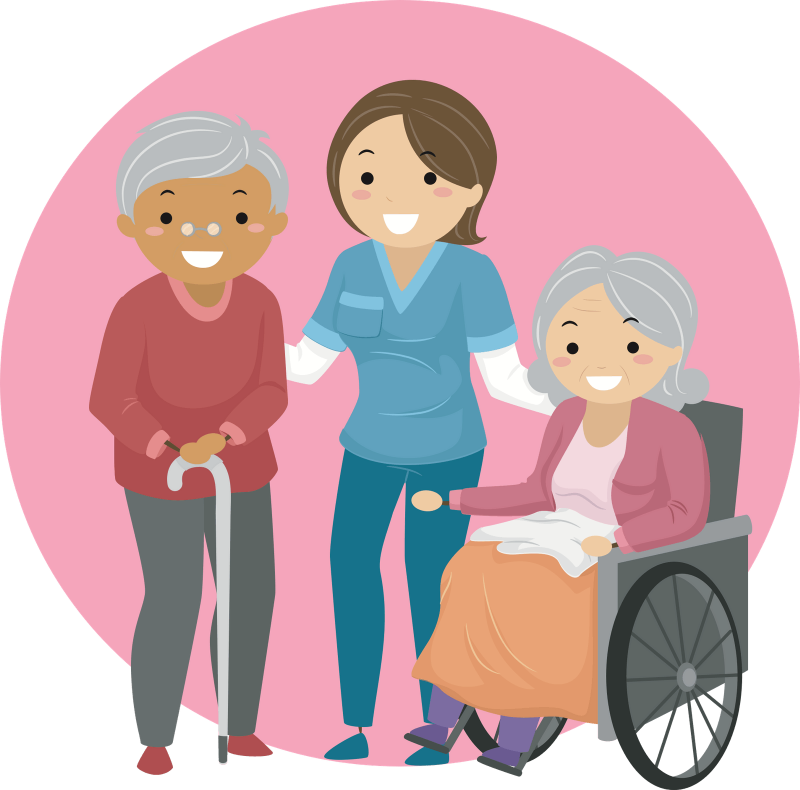 A smiling caregiver assists two elderly individuals-one with a cane, one in a wheelchair-against a pink circular background.