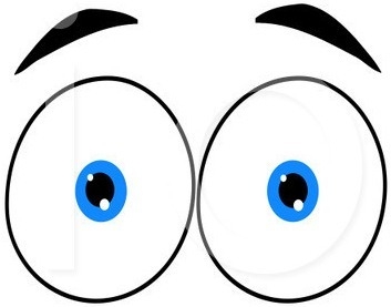 Cartoon-style wide eyes with blue irises and raised eyebrows, expressing surprise or curiosity.